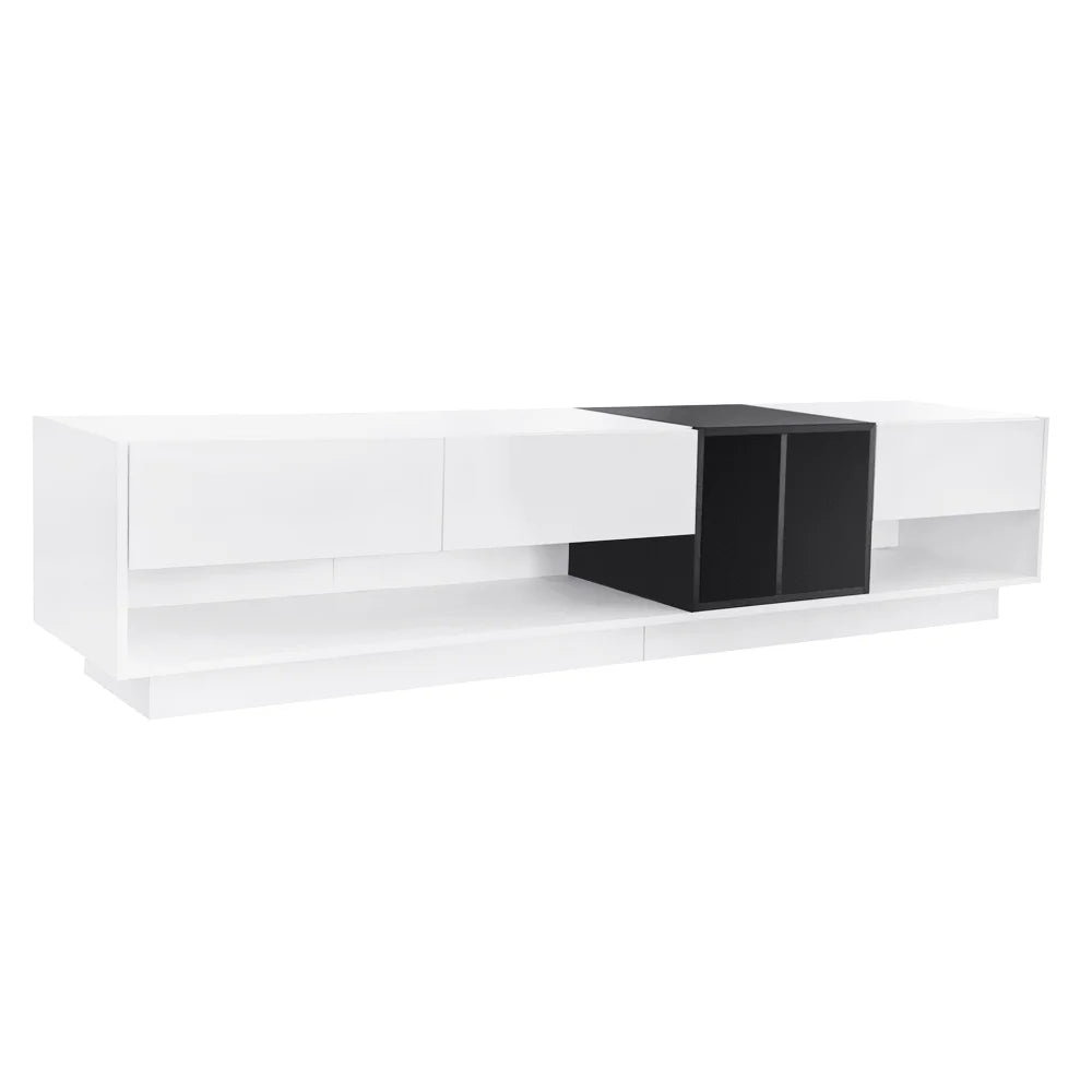 Modern TV Stand for 80 Inch TV, ON-TREND Sleek Two-Tone Media Console, Functional Storage Cabinet with Open & Hidden Compartments, Particle Board, Living Room Furniture, White