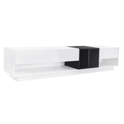 Modern TV Stand for 80 Inch TV, ON-TREND Sleek Two-Tone Media Console, Functional Storage Cabinet with Open & Hidden Compartments, Particle Board, Living Room Furniture, White