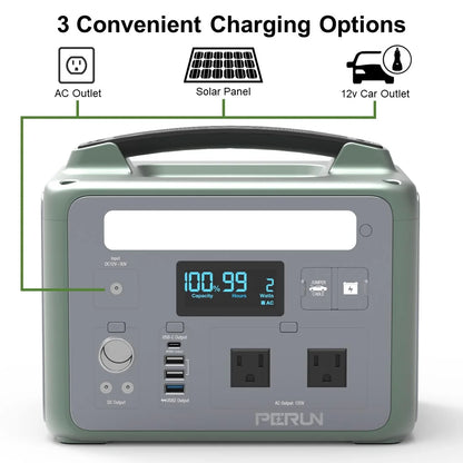 PERUN Portable Power Station Pure Sine Wave Solar Generator, 1200 Peak starting Watts 600 Watts continuous Powered by Yard Force, Jumpstart capable, LED light, home, camping, electronic devices