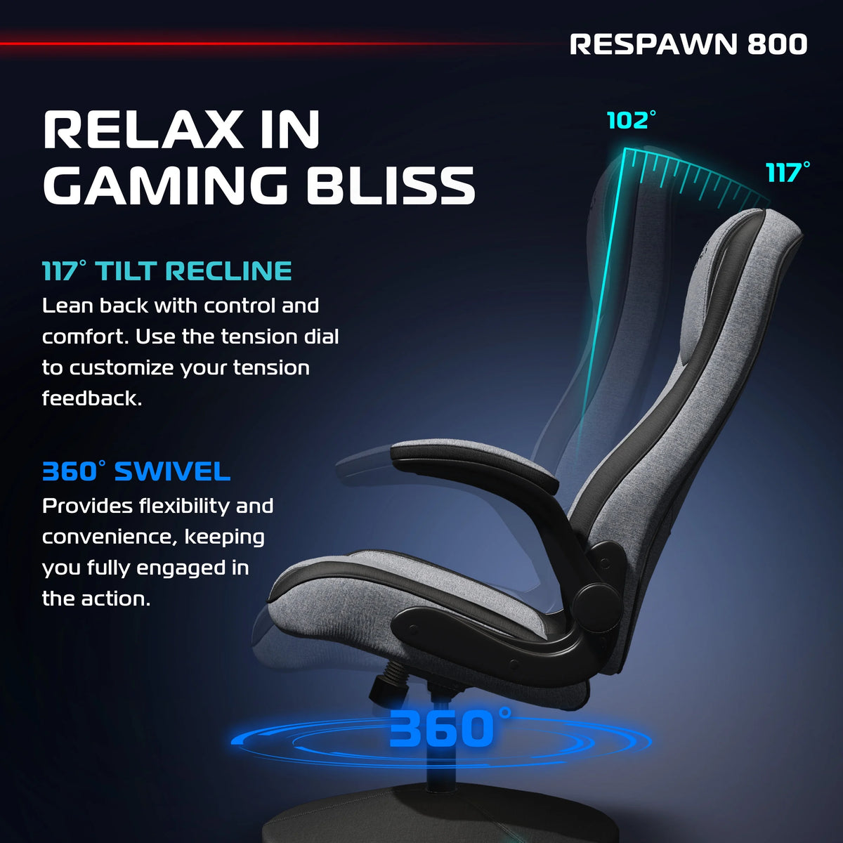RESPAWN 800 Swivel Rocker Gaming Chair - Ergonomic Floor Gaming Seat with Lumbar Support, Flip Up Armrest, High Back, Pedestal Base, Comfortable No Wheels Console Video Game Rocker Chair - Red