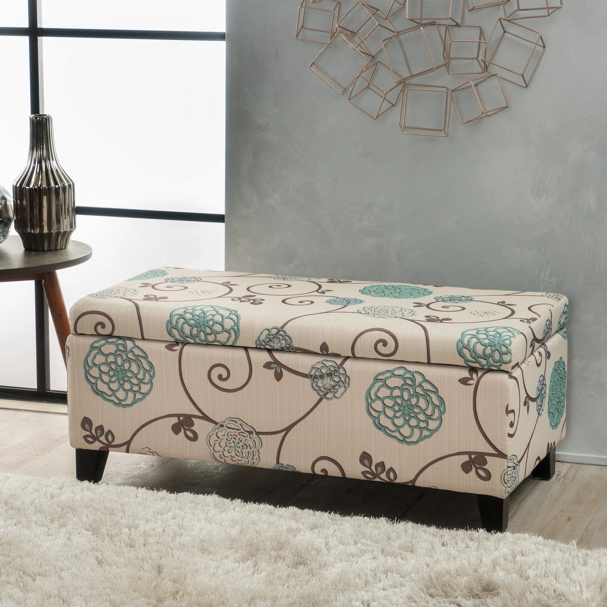 Noble House Hampton Contemporary Fabric Upholstered Storage Ottoman, White and Blue Floral
