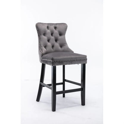 Velvet Bar Stools Set of 2, Upholstered Counter Height Bar Chair with Rivet and Button Trim, Bar Stool with Back and Footrest, for Dining Room, Kitchen, Pub, Gray