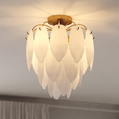 Burbank 4-Light 13.5 in. Wide Muted Gold Brass Traditional Waterfall Semi Flush Mount Lighting Fixture, White Frosted Leaf Glass Shade, Dimmable LED Compatible for Low Ceilings