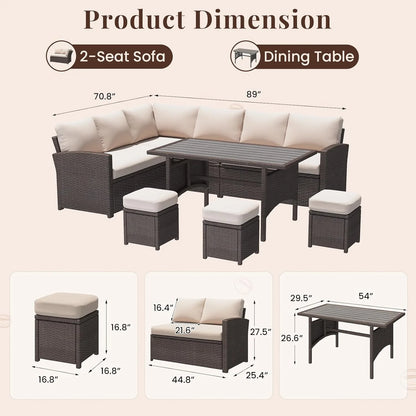 AECOJOY 7 Piece Patio Furniture Set PE Rattan Outdoor Dining Set Sectional Sofa Couch with Table Patio Conversation Set in Gray