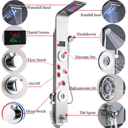 Shower Panel Tower System LED Rain&Waterfall Massage Jet Sprayer Stainless Steel