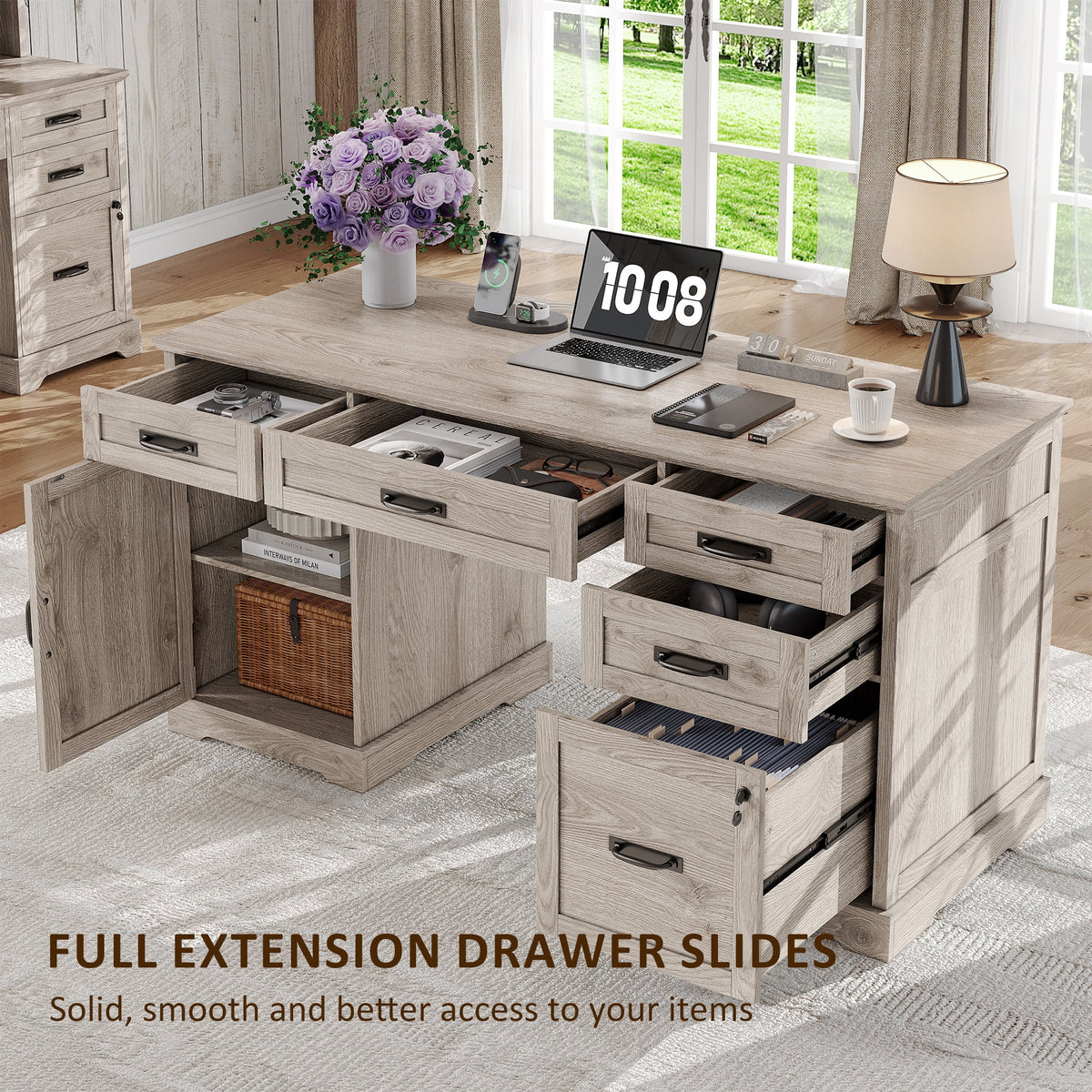 Whalefall 55 in Farmhouse Executive Desk with File Drawer for Adult Home Office, White
