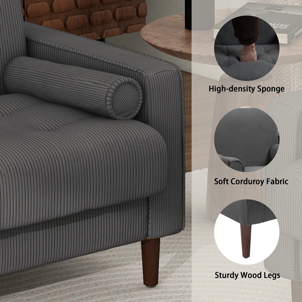 UIXE Corduroy Accent Chair Modern Upholstered Arm Chairs Comfy Reading Armchair with Pillow Armrest Tufted Living Room Single Sofa Lounge Seat, Yellow