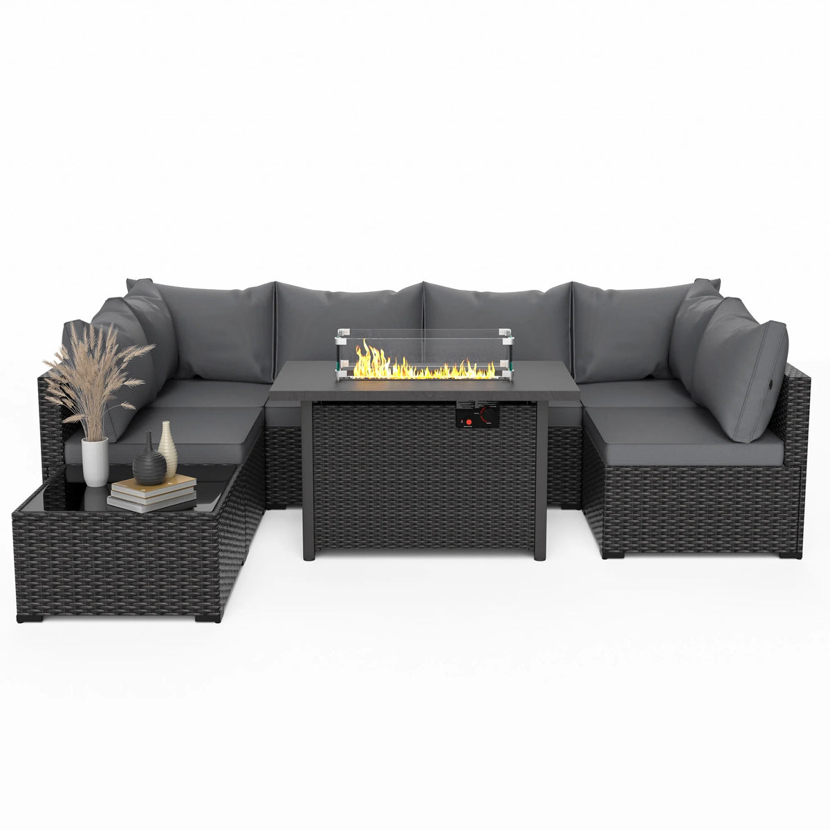 8 Piece Patio Furniture Set with 42" Propane Gas Fire Pit Table with Coffee Table,Blue