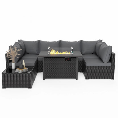 8 Piece Patio Furniture Set with 42" Propane Gas Fire Pit Table with Coffee Table,Blue