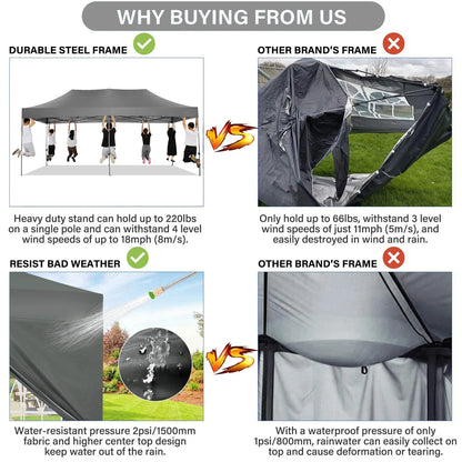 COBIZI 10x20 Heavy Duty Pop up Canopy Tent with 6 sidewalls Easy Up Commercial Outdoor Canopy Wedding Party Tent for Beach All Season Wind & Waterproof Gazebo with Roller Bag,Black(Frame Thickened)