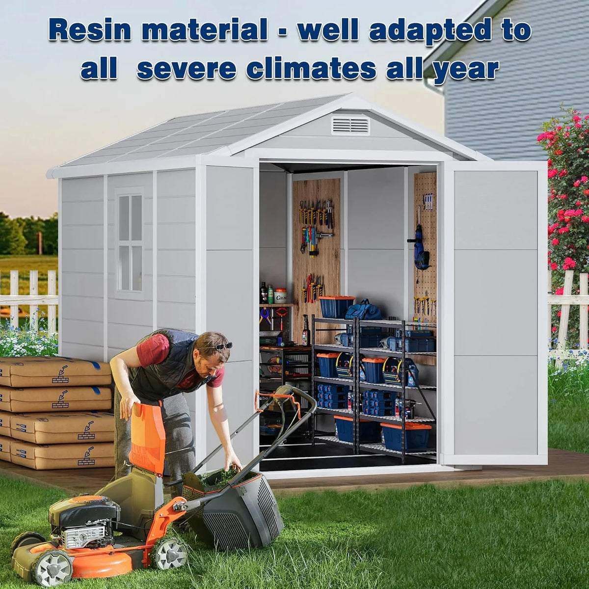 9 x 5.8 FT Outdoor Storage Shed, Linor Resin Shed with Floor, Window, and Vents, Weather-Resistant Garden Shed for Garden Tool Outside Sheds, Bike Shed, Backyard Shed