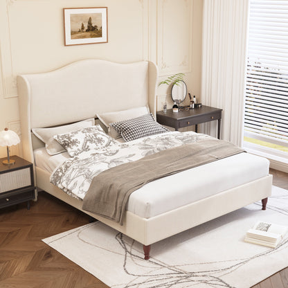 Neche Queen Upholstered Bed Frame with 51" Tall Headboard Classic Curved Wingback Platform Bed with Soft Fabric, Retro Simple Sleigh Bedframe No Box Spring Needed/Easy Assembly, White