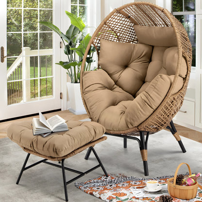 RADIATA 440 lbs Outdoor Egg Chair with Foot Rest & Ottoman, Wicker Patio Egg Chair for Indoor or Garden,Beige