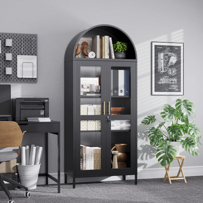 SUPEER Metal Arched Storage Display Cabinet with Glass Doors and Adjustable Shelves, Lockable Cabinet, Assembly Required, Black