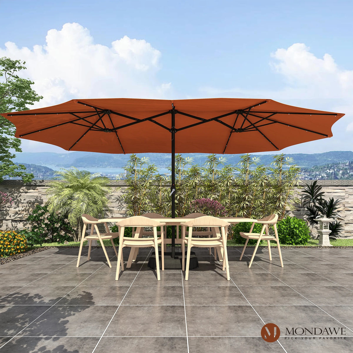 Mondawe 15ft Patio Umbrella Rectangular Outdoor Market Umbrella with Base and LED Lights Beige