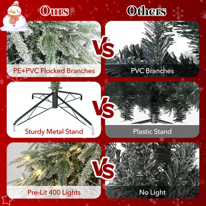 Qunler 9ft Snow Flocked Christmas Tree with 2028 Tips, Artificial Snowy Xmas Pine Tree with Reinforced Metal Base for Home Office Party Holiday Decorations ,White(NO Light)