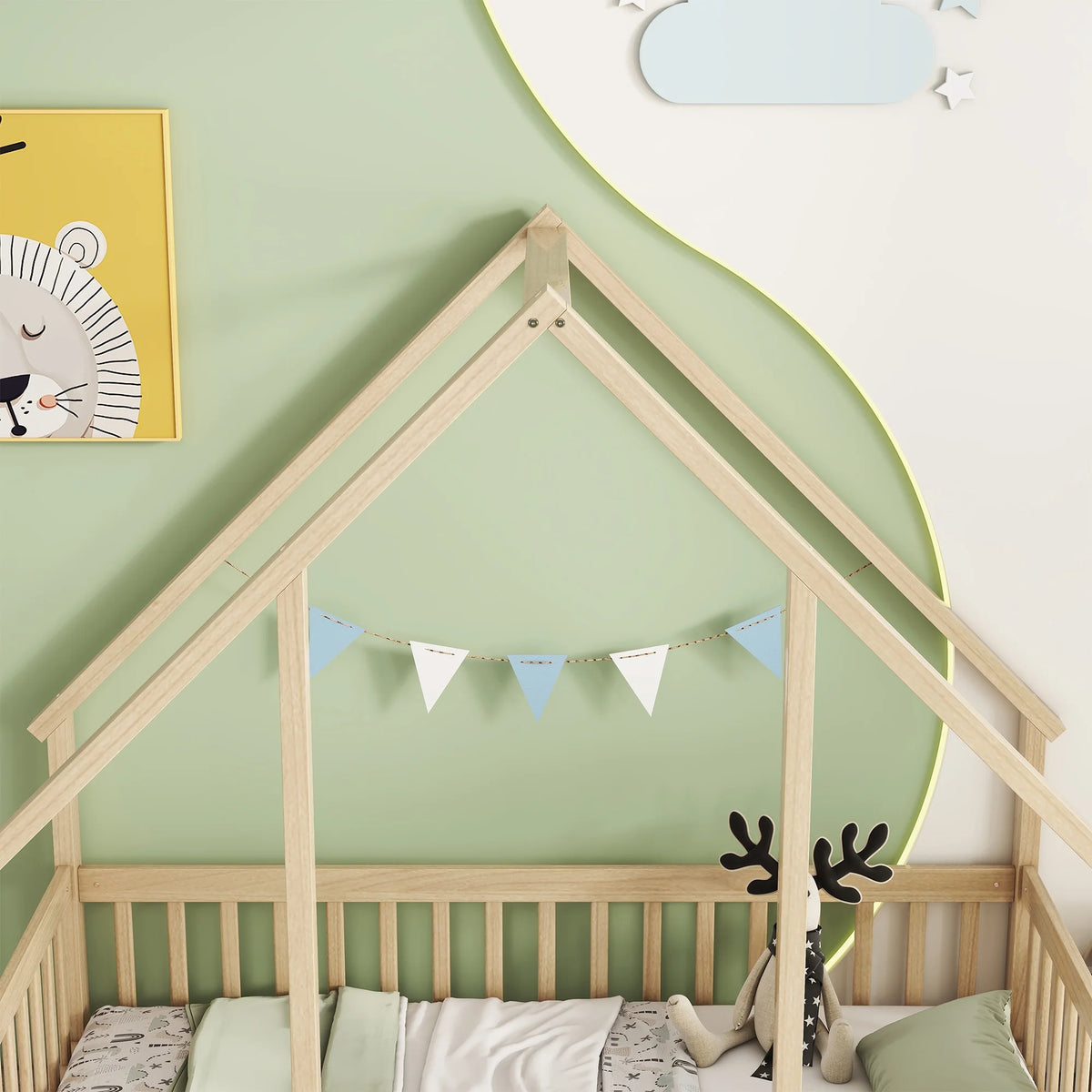 Bellemave Twin Size Floor Bed Frame, Wooden House Bed Twin Size with Fence, Montessori Bed with Guardrails for Bedroom (White)