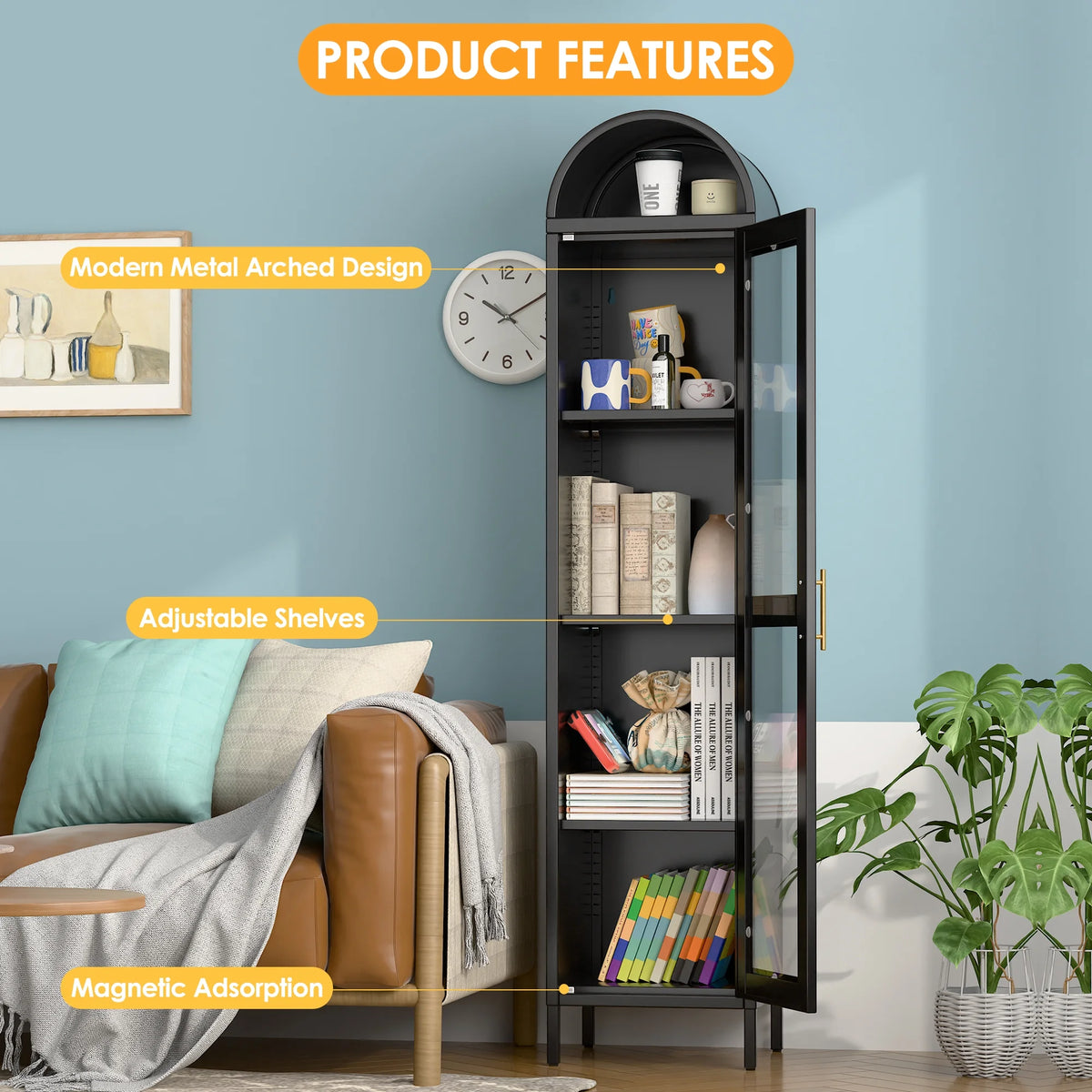 SUPEER Metal Arched Storage Display Cabinet with Glass Doors and Adjustable Shelves, Lockable Cabinet, Assembly Required, Black