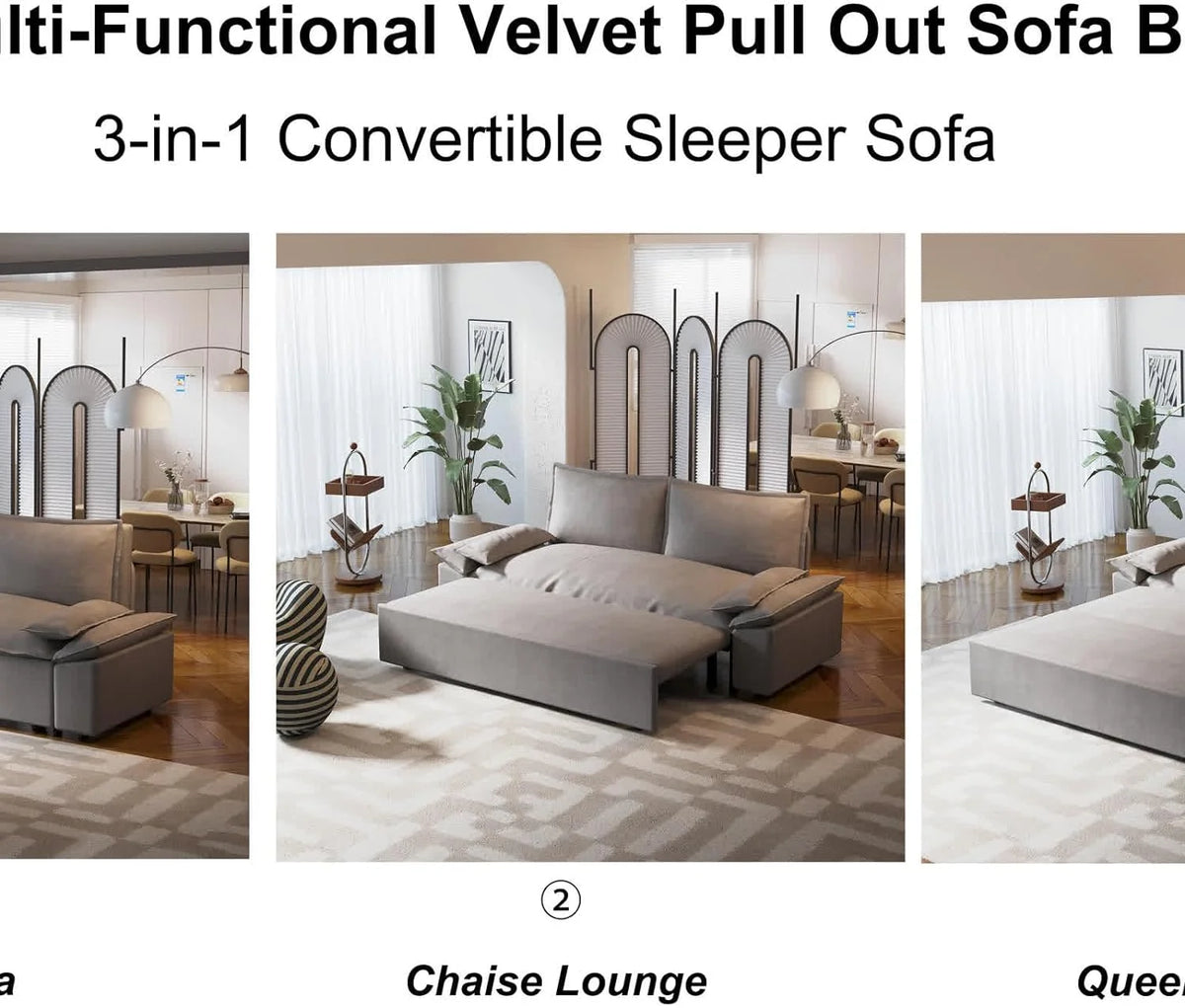 Tabaray 63.8" Futon Sofa Bed Queen Size, Pull Out Bed, 3-in-1 Convertible Sleeper Sofa with Side Pocket, Modern Plush Velvet Futon Couch for Living Room, Small Space, Apartment, Bedroom, Black