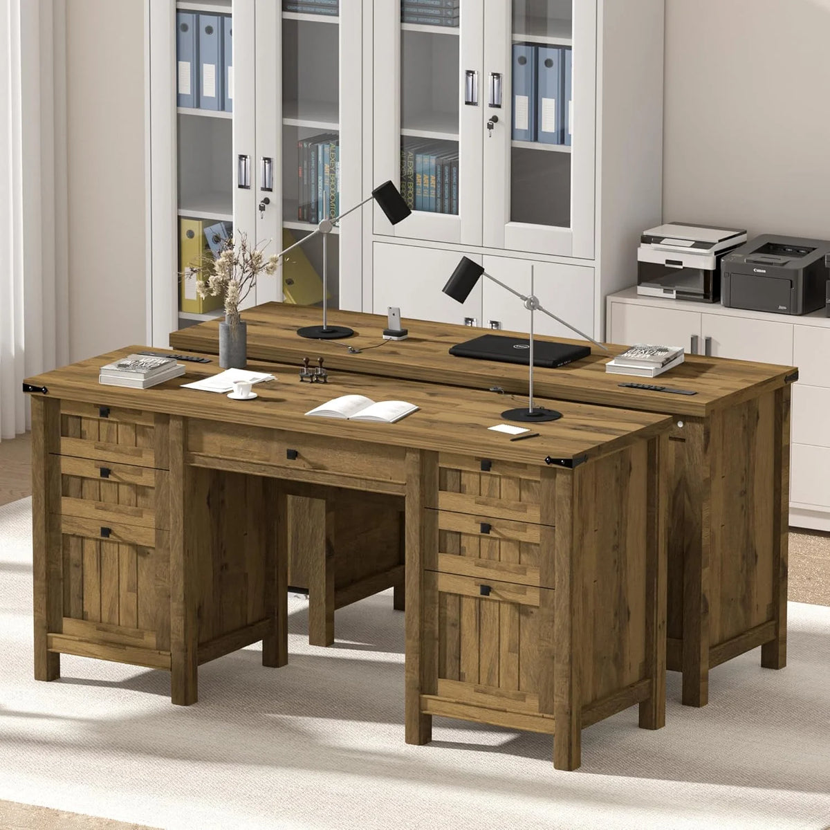 FIAKOA 45"Executive Desk, Modern Farmhouse Computer Desk with Drawers & Cabinet, White Home Office Desk Writing Workspace for Work Study