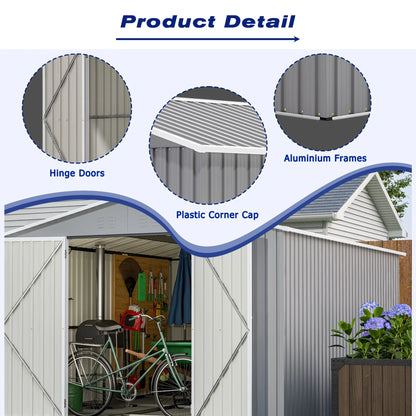 LZBEITEM 10 x 10 ft Outdoor Storage Shed with Floor Frame Kit, Galvanized Steel Garden Sheds, Garden Tool Shed with Double Lockable Doors for Backyard Patio Lawn, Grey