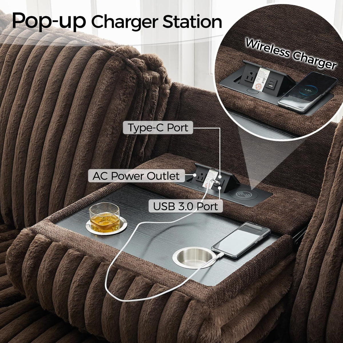 Power Reclining Sectional Sofa with Wireless Charger,6-Seater Faux Fur Sectional with Recliners,Hidden Cup Holders,Storage Console,USB & Type-C Ports,Black