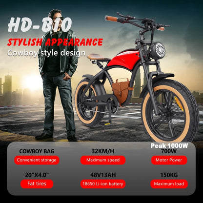 Hidoes B10 Electric Mountain Bike for Men/Woman 1000W Adult Electric Bicycle 20" Fat Tire Off Road E-bike with Removable Battery up to 28 mph,Free Shipping, Red