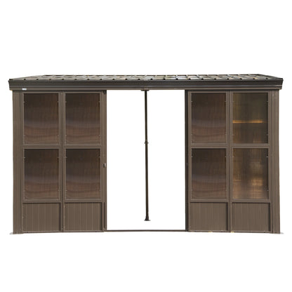 TOTAL Outdoor 10'x12' All-Season Sunroom Gazebo with Steel Roof, PVC Screen, Front & Side Door, Brown