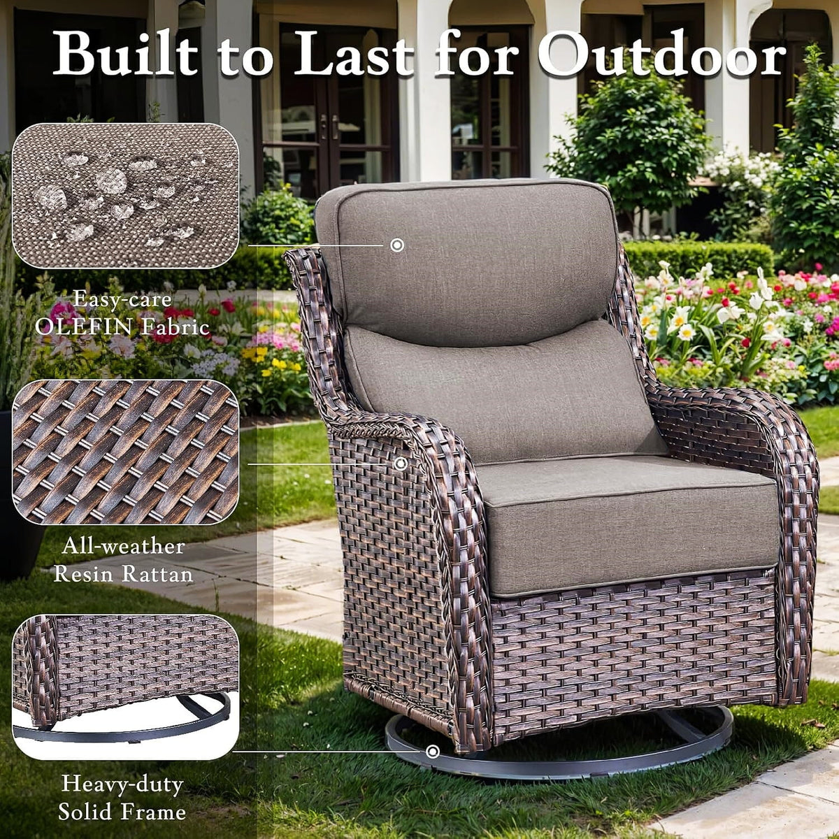 Bellefurn Luxury Outdoor Patio Furniture Set,Swivel Rocker Patio Chairs with 6-inch Thick Cushion,Patio Sofa and Glass Coffee Table,Outdoor Conversation Set for Porch, Deck, Yard