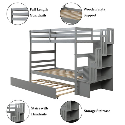 Bellemave Twin over Twin Stairway Bunk Bed with Trundle Wooden Bunk Bed Frame with Guardrails and Staircase, Twin Size Bunk Bed with Storage Stairs for Kids, Teens, Gray