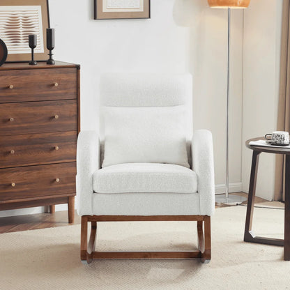 Hassch Upholstered Rocking Chair, Linen Fabric Glider Rocker with High Back, Accent Chair with Solid Wood Base, Reading Chair with Side Pocket for Living Room Bedroom Balcony, Gray