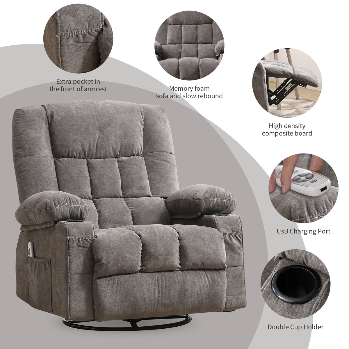JONPONY Massage Swivel Rocker Recliner Chair with Vibration Massage and Heat Ergonomic Lounge Chair for Living Room with Rocking Function and Side Pocket, 2 Cup Holders, USB Charge Port,Grey