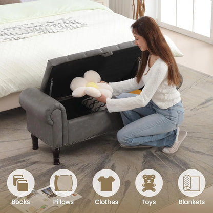 Gelloan Storage Ottoman Bench for Bedroom,Upholstered Bedroom Bench with Rolled Arms and Rivets, Storage Chest for Living Room,Grey,51 Inches