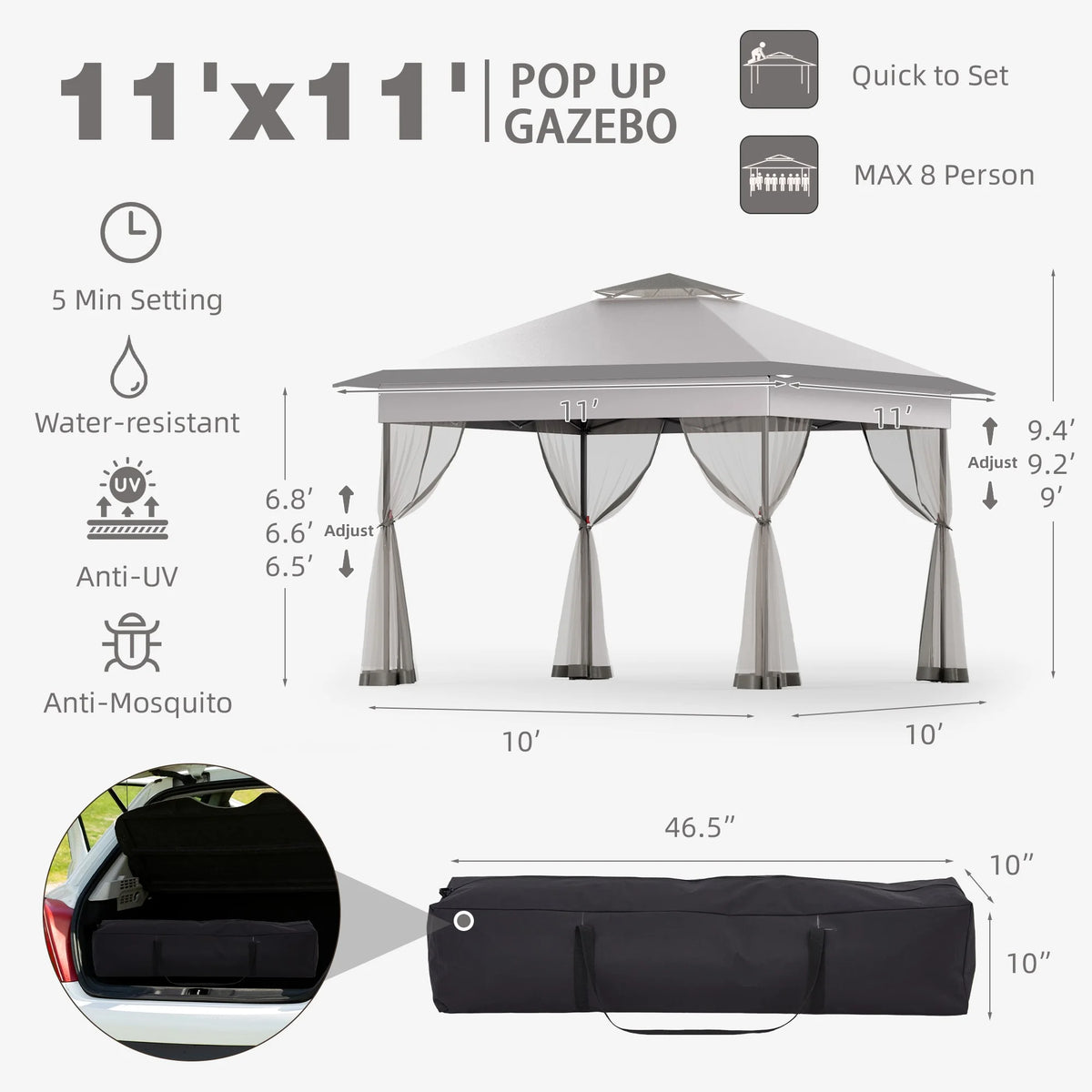 Bezseller 11x11 Pop up Gazebo, Outdoor Waterproof Canopy Tent with Mosquito Netting for Outdoors, Khaki