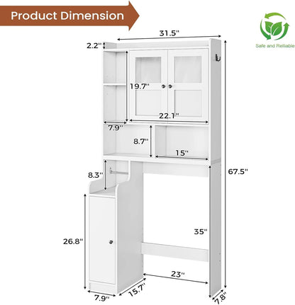Over The Toilet Storage Cabinet with 3 Doors, Farmhouse Space Saver for Bathroom Organizer with Paper Holder, 10 Shelves and Hooks, 7-Tier Over Washing Machine Cabinet for Laundry, Bathroom, Natural