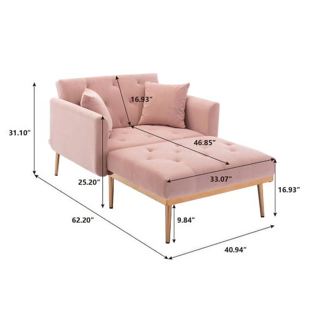 Velvet 2 in 1 Chaise Lounge Indoor Sleeper Chair, Convertible Chairs into Beds with 2 Pillows, Comfy Tufted Sleeper Chair for Bedroom, Living Room, Pink