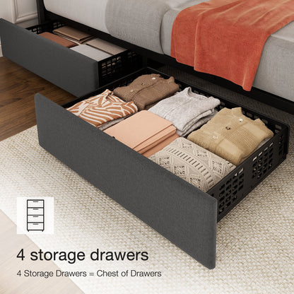 Full Size Bed Frame with 4 Storage Drawers and Adjustable Headboard, Linen Upholstered Platform Bed Frame with Wooden Slats Support, No Box Spring Needed, Dark Grey
