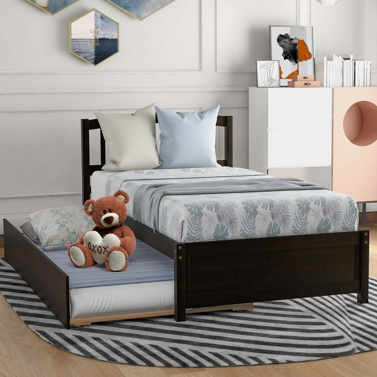 Aukfa Twin Platform Bed with Trundle - Trundle Bed with Headboard for Kids Teens - White