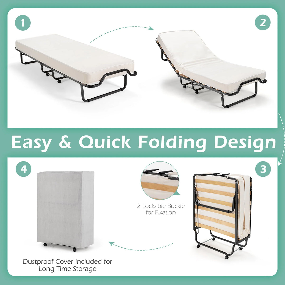 Gymax Portable Rollaway Guest Bed Folding Bed w/ Mattress Memory Foam & Dustproof Cover