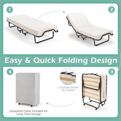 Gymax Portable Rollaway Guest Bed Folding Bed w/ Mattress Memory Foam & Dustproof Cover