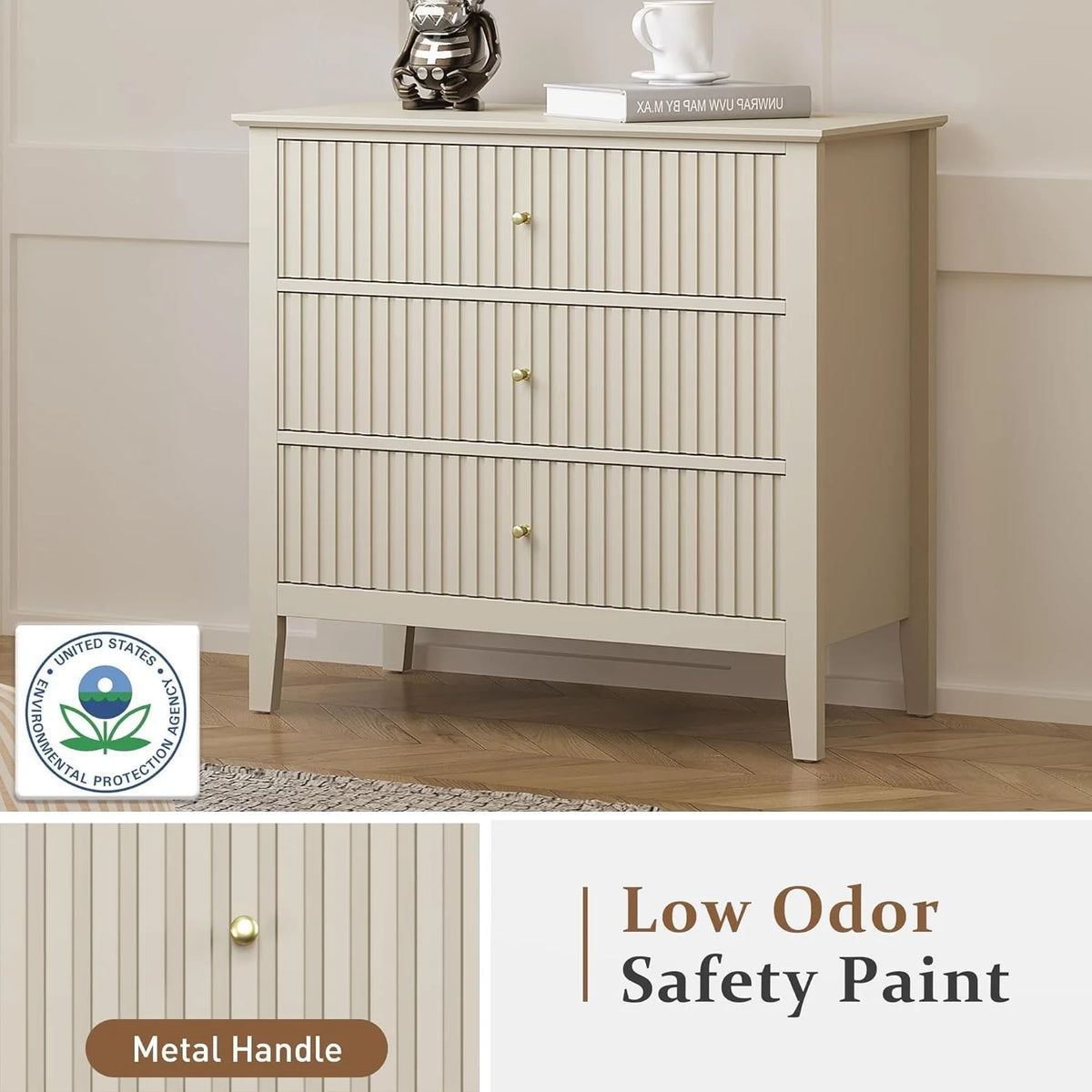 Heynemo Beige 6 Drawer Dresser, Fluted Modern Wood Chest