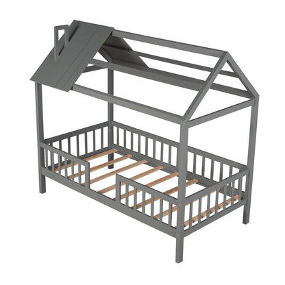 Euroco Twin Size Platform Bed, House Bed with Fence for Kids, Gray