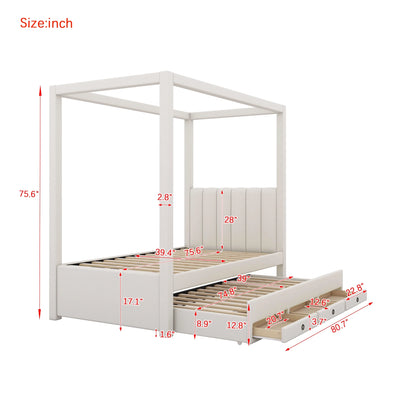 Harper & Bright Designs Twin Size Upholstery Canopy Platform Bed with Trundle and 3 Storage Drawers, Captain Platform Bed Frame with 4-Poster Canopy Roof, Beige