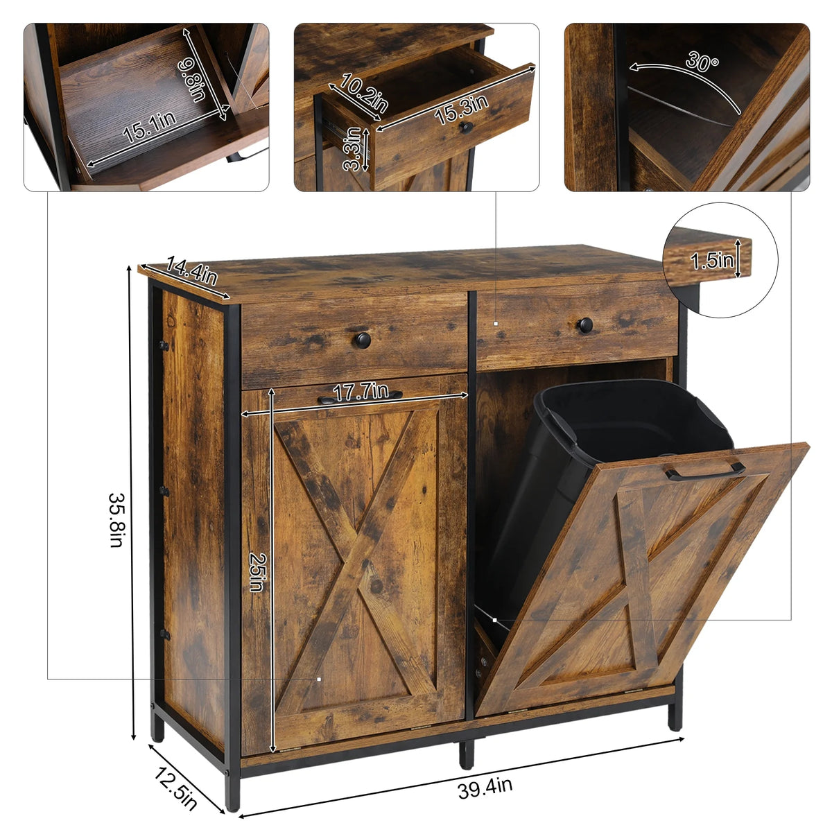 Pirecart 20 Gallon Double Tilt Out Trash Cabinet Wood Hidden Storage Cabinet, Recycling Cabinet with 2 Drawers, Black