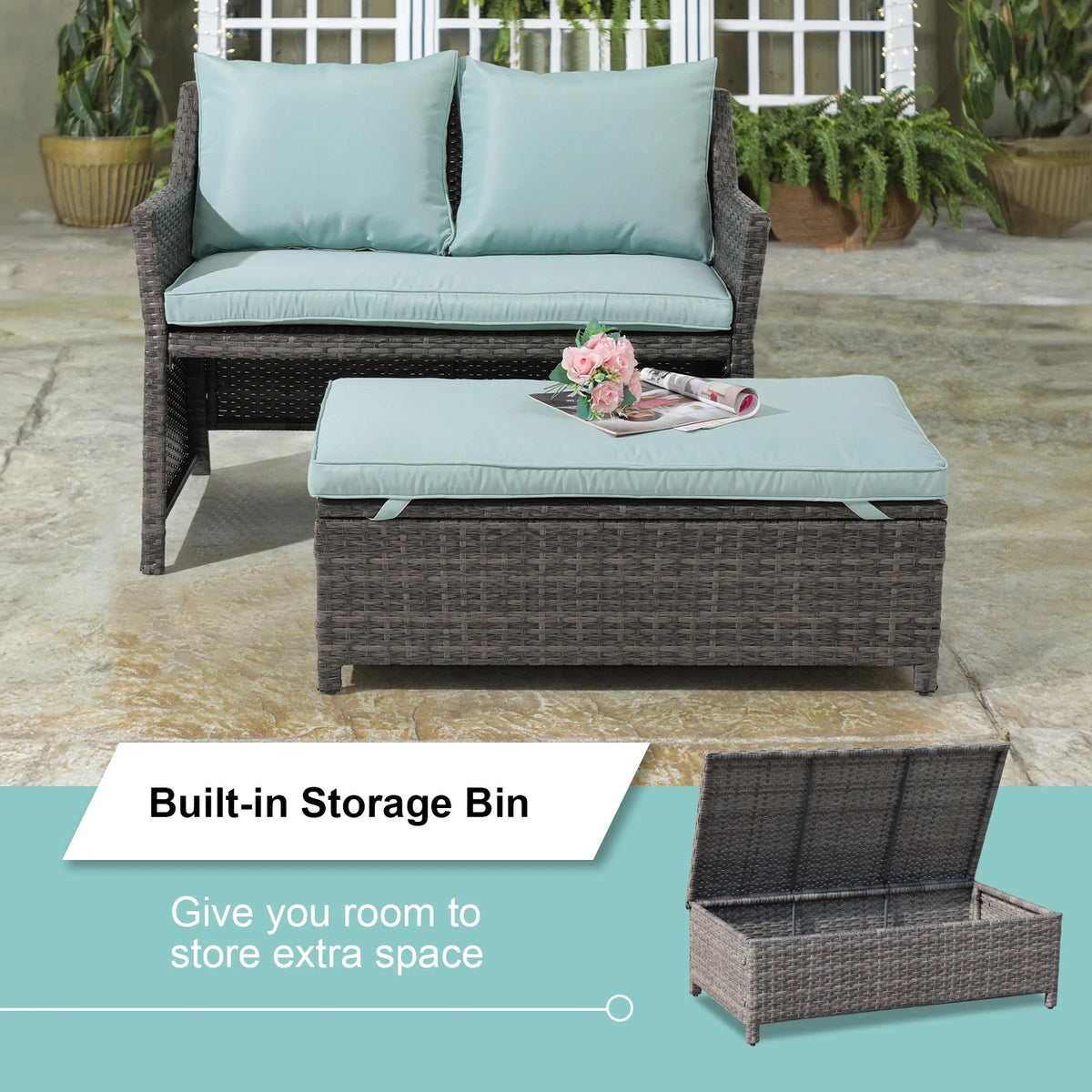Outdoor Wicker Love Seat and Coffee Table Set, Weather Resistant Grey Rattan, Patio Furniture with Gray Cushions & Storage Bin
