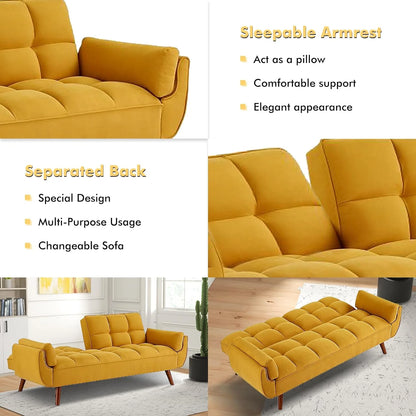 Mydepot Convertible Futon Sofa Bed, Adjustable Couch Sleeper Modern Fabric Recliner Reversible Loveseat Folding Daybed Guest Bed, Armrests, Yellow