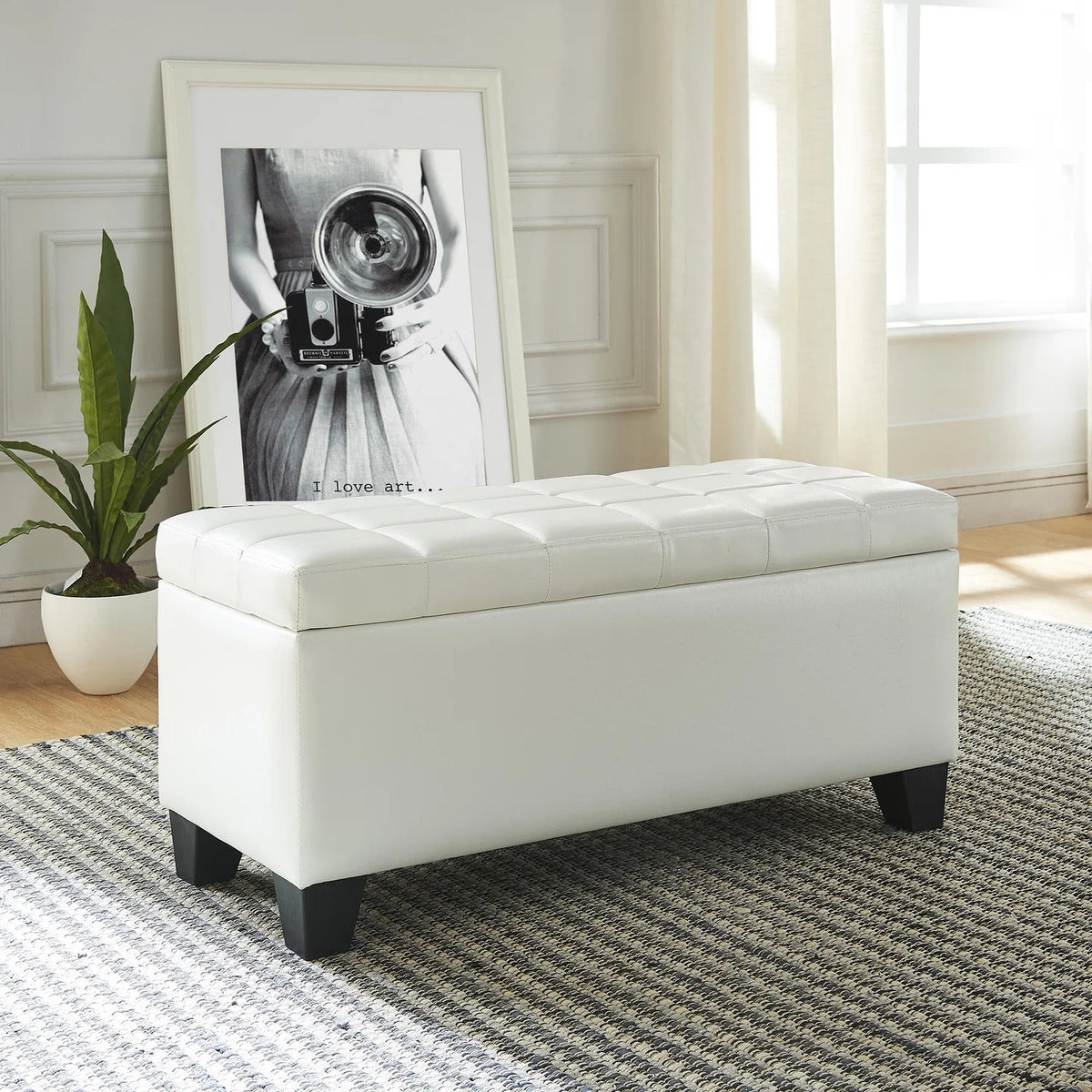 Modern Faux Leather Rectangular Storage Ottoman Bench White