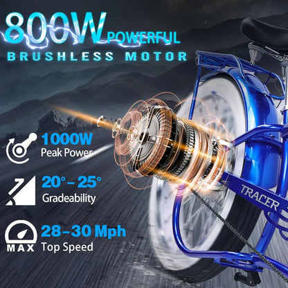 Twenty5 GT 800W Chopper Stretch Cruiser Ebike, 26" Wheels, Supsension Triple Tree Fork, White Wall Tire, Disc Brake, for Men, Blue