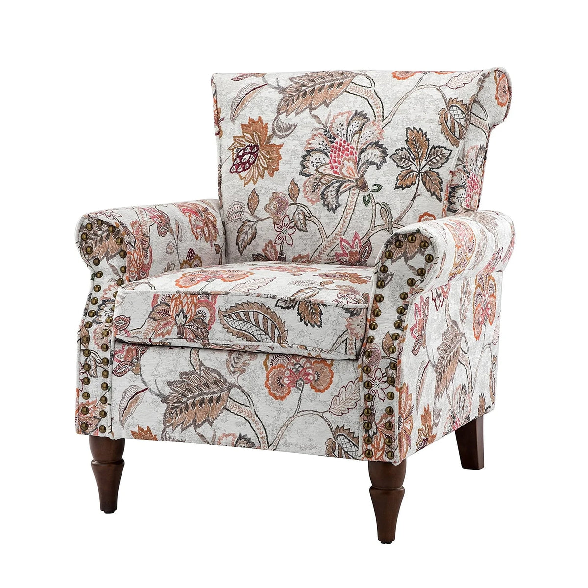 14 Karat Home Wingback Accent Chair Removable Cushion Floral Upholstered Sofa Armchair Couch Wood Legs Nailhead Trim Pink