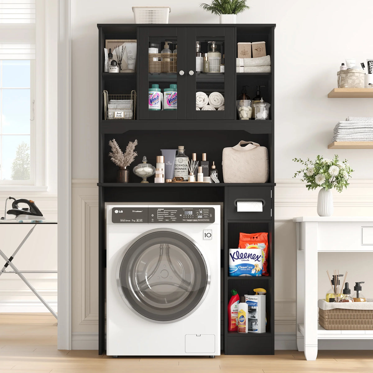 Homfa Over The Toilet Storage Cabinet with Toilet Paper Holder Stand, Above Toilet Organizer with Glass Doors, Behind Toilet Shelf for Restroom, Bathroom, Laundry, White